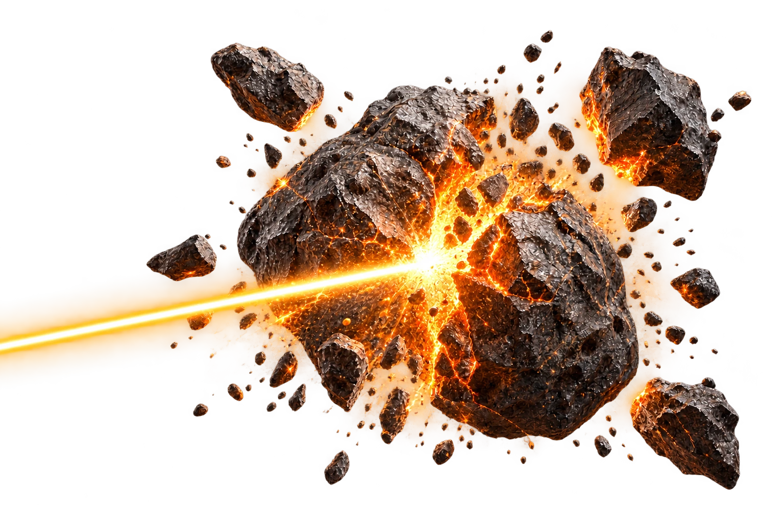 A powerful golden laser shatters a rugged asteroid into glowing fragments.