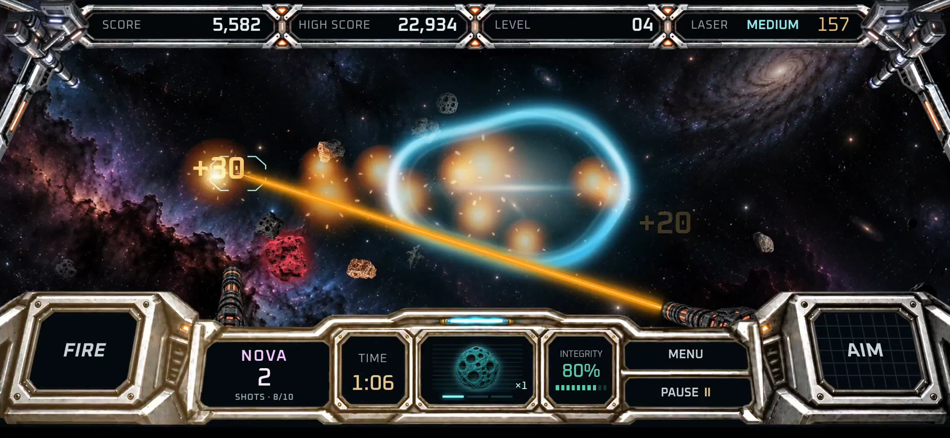 Golden laser fire crosses a bright blue shockwave as asteroids explode in the Asteroid Hunter cockpit.