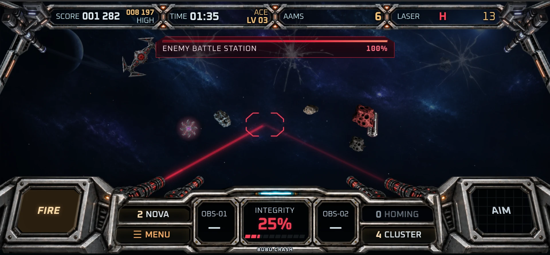 Laser fire against an enemy battle station during an Ace mission, with the full cockpit controls visible.