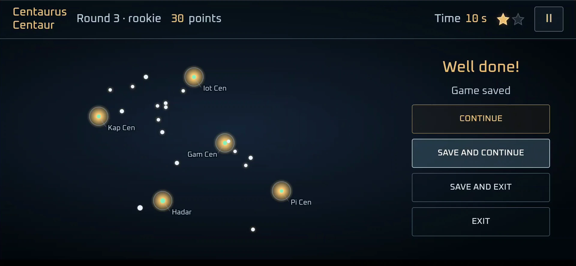 The named stars of Centaurus glow gold after a successful round in Follow the Stars.